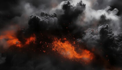 Fire explosion particles flying with black or grey dark smog cloud smoke. Dust texture spray