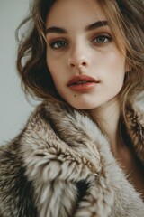 A woman wearing a luxurious fur coat strikes a pose for the camera