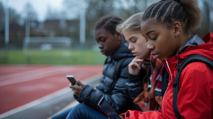 Fototapeta premium Multiracial teenager friends scrolling on smartphones an empty sports ground. Generative ai