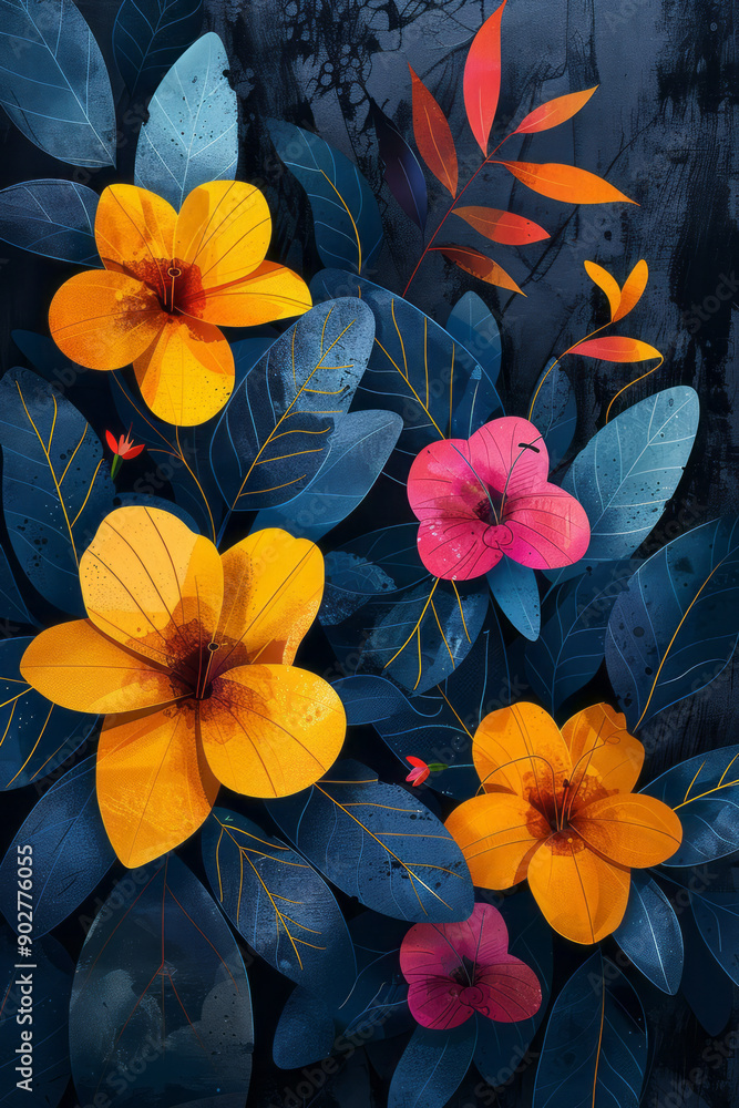 Poster clean depiction of abstract geometric forms interwoven with vibrant floral and leaf patterns in a re