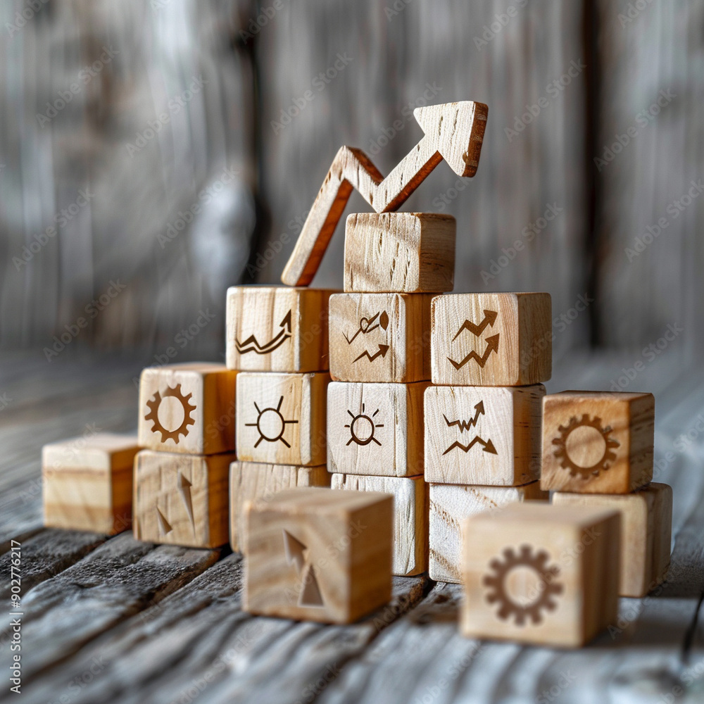 Poster a stack of wooden blocks with a single arrow on top