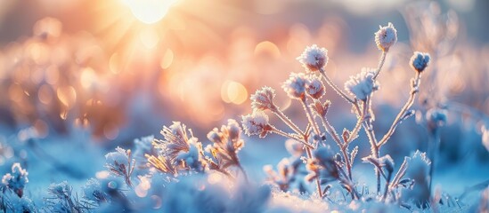 Frosty Morning Sunrise Over Snow-Covered Field with Delicate Frosted Flowers and Warm Sunlight