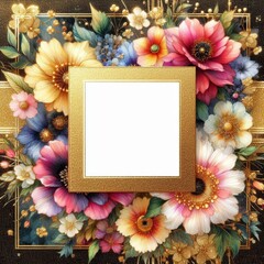 A vibrant floral arrangement featuring colorful blossoms framing a blank golden picture frame.