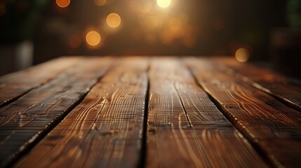 Rustic Wooden Table with Blurred Background and Warm Bokeh Lights in Soft Focus