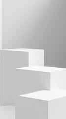 Minimalist white geometric blocks arranged in a stepped formation against a monochromatic background.