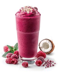 A vibrant raspberry smoothie topped with coconut and almonds, perfect for a refreshing and healthy snack or breakfast option.