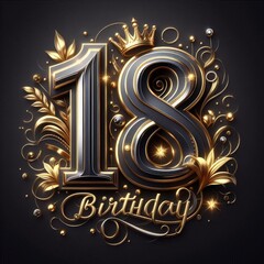 Elegant 18th birthday design with golden accents and festive elements on a dark background.