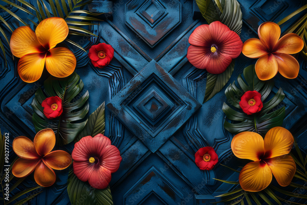 Poster sleek design featuring a series of modern geometric patterns with psychedelic flower and leaf accent