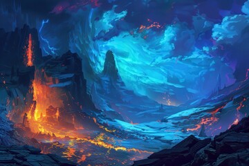 Obraz premium Molten Lava Flowing Through Icy Mountain Landscape