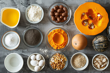 Ingredients for a pumpkin pie laid out on a kitchen counter 