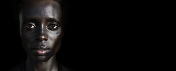 Portrait of an African American woman on a black background. A dark-skinned woman with pronounced ethnic features. Tired woman. Portrait with copy space. Banner