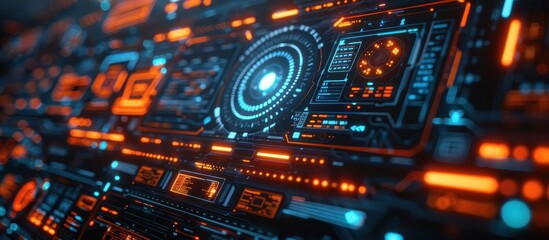Obraz premium Futuristic Digital Interface with Glowing Orange and Blue Elements in a High-Tech Environment