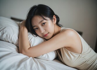 Obraz premium A woman in a white tank top relaxes on a bed, capturing a moment of casual intimacy in a bedroom setting.