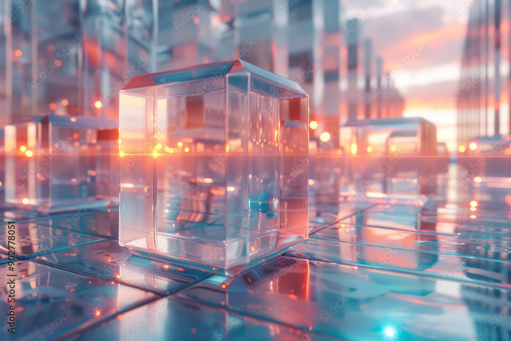 Poster clean representation of geometric 3d shapes with smooth holographic surfaces, floating in a surreal 