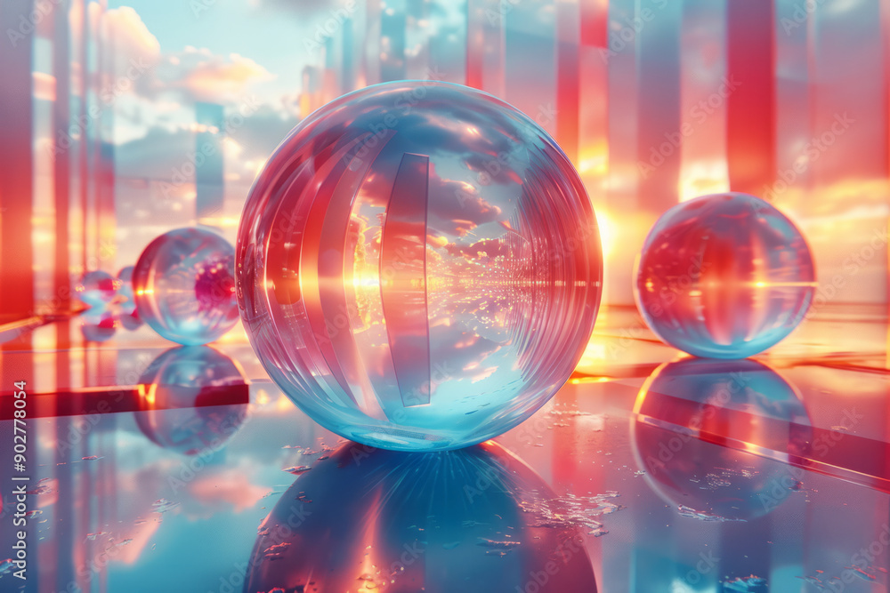 Poster clean representation of geometric 3d shapes with smooth holographic surfaces, floating in a surreal 