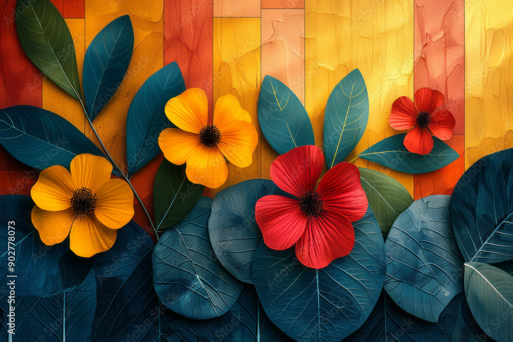 Poster minimalist abstract pattern featuring retro flower and leaf motifs with psychedelic forms and modern
