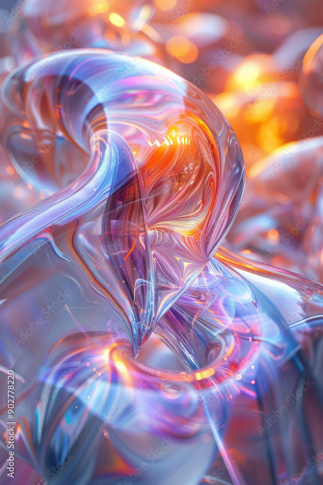 Poster sleek design showcasing abstract 3d forms with iridescent textures, producing a surreal and mesmeriz