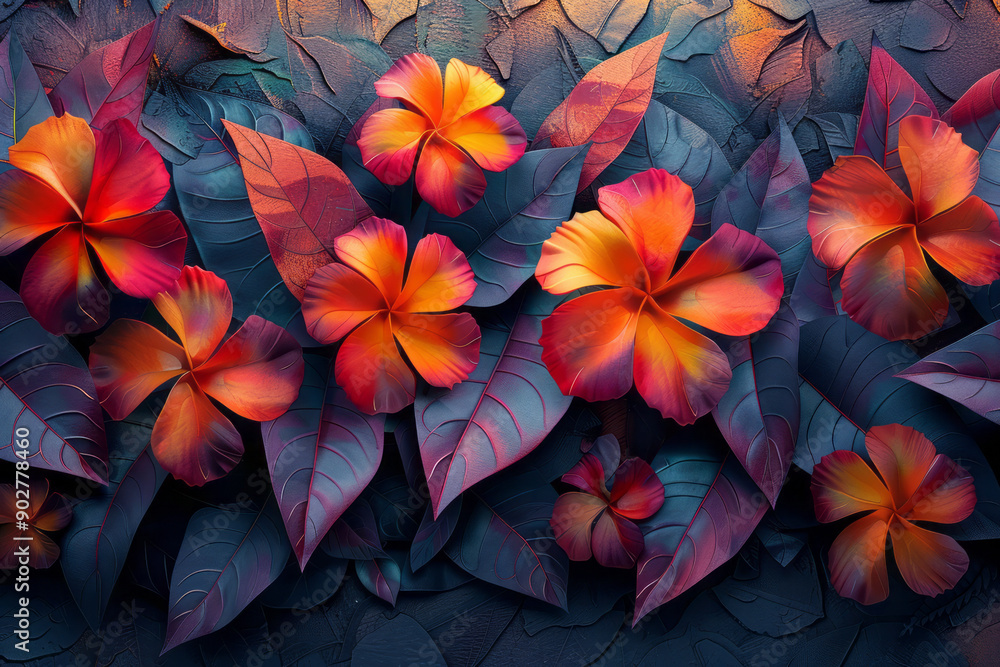 Poster elegant scene showcasing abstract geometric shapes with colorful flower and leaf patterns in a retro