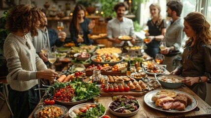 Obraz premium The image shows a large meal where many people are gathered around a table full of various dishes