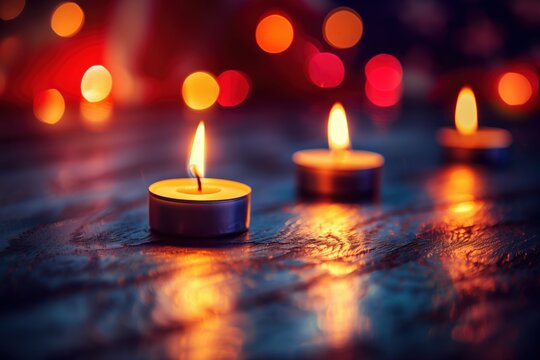 Three tealight candles burning with warm light and colorful bokeh lights in background