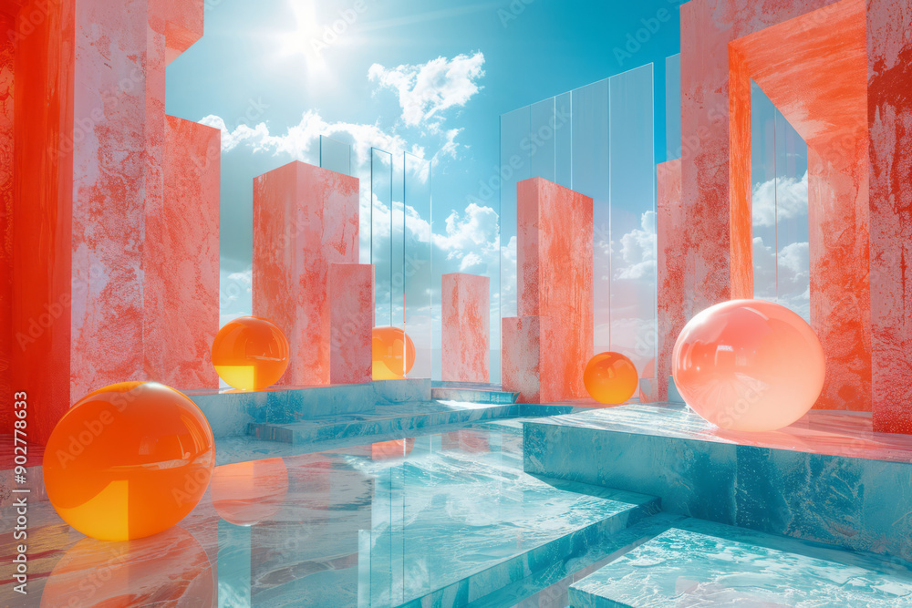 Aufkleber clean representation of geometric 3d shapes with smooth holographic textures, floating in a surreal 