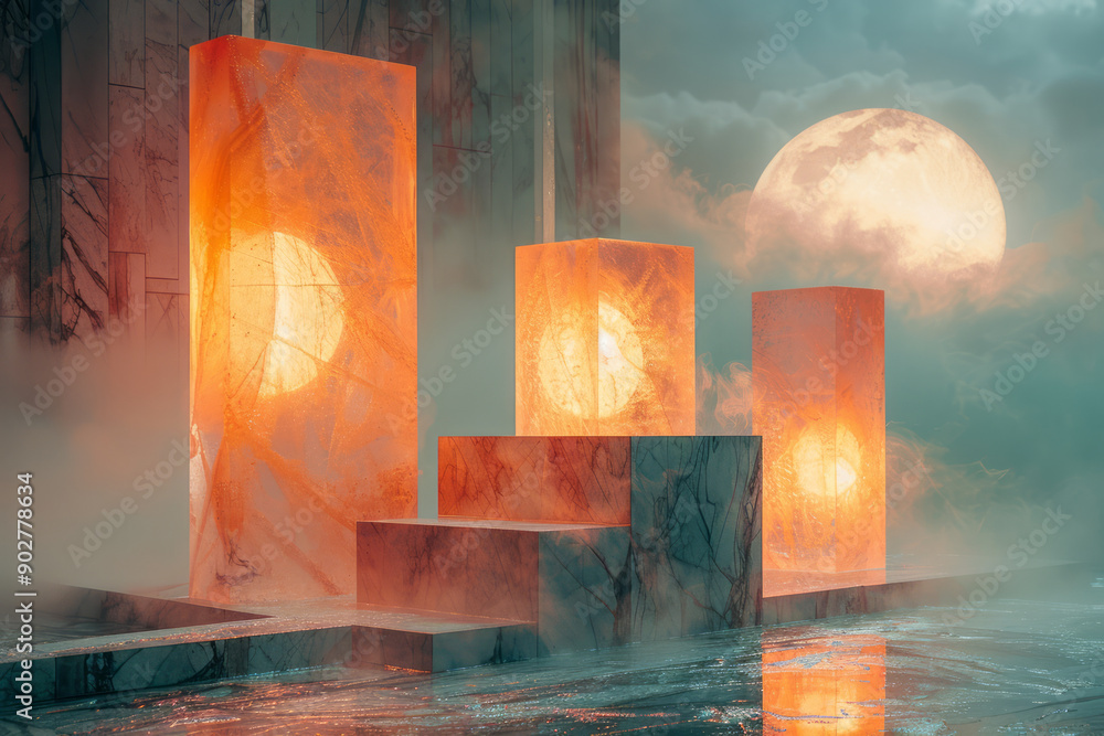 Poster abstract scene with perspex and resin shapes, illuminated by chromatic aberrations and glitter, set 