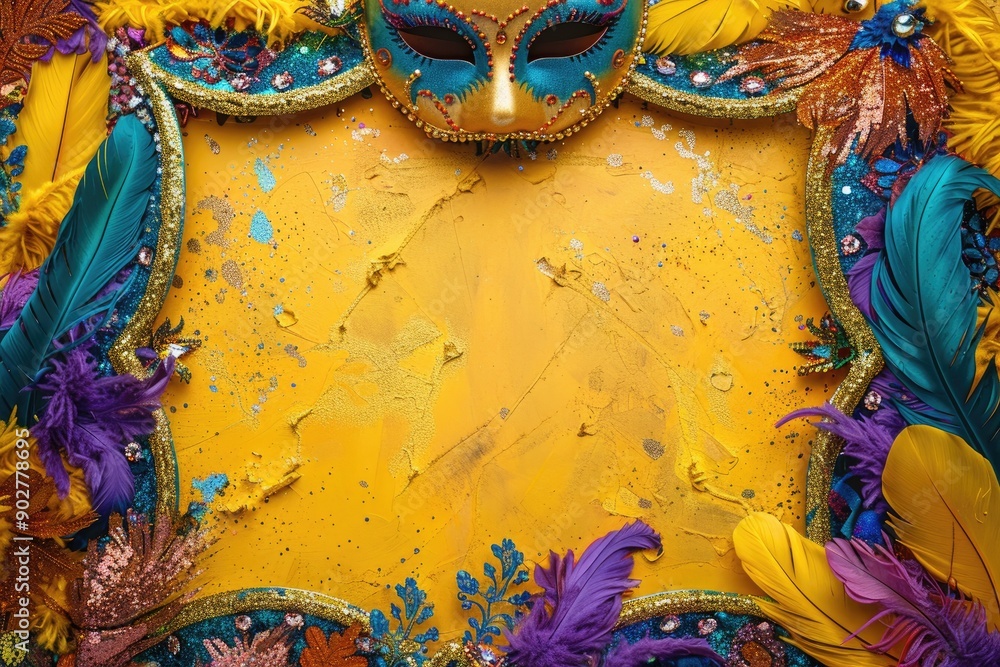 Poster a yellow frame with a mask and feathers. the feathers are in various colors and are scattered around