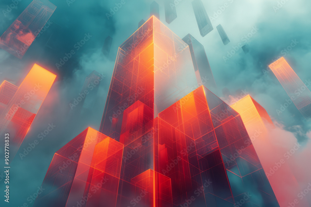 Poster modern geometric design with perspex shapes, illuminated by light leaks and surrounded by fog and bo