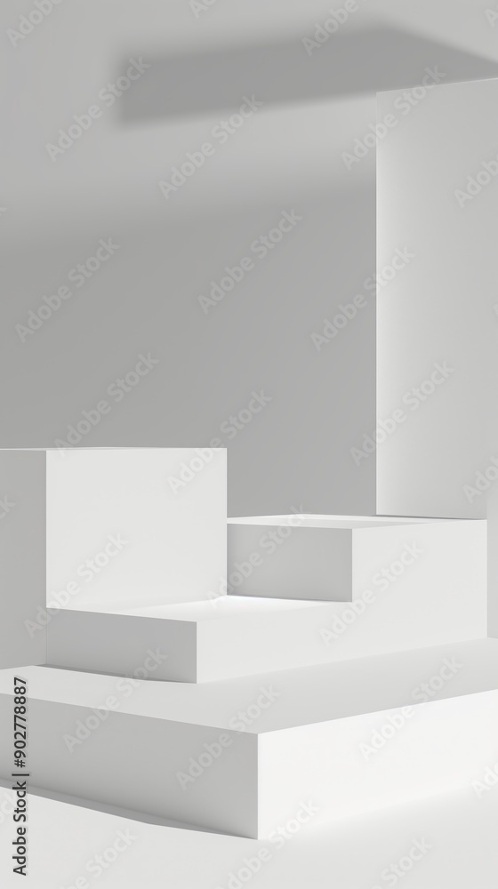 Poster minimalistic white geometric shapes and structures with soft shadows in a modern, abstract compositi