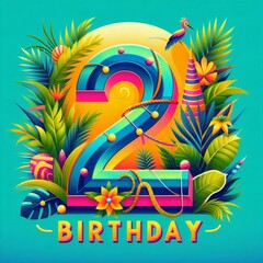 Colorful illustration celebrating a 2nd birthday with vibrant greenery and festive elements.