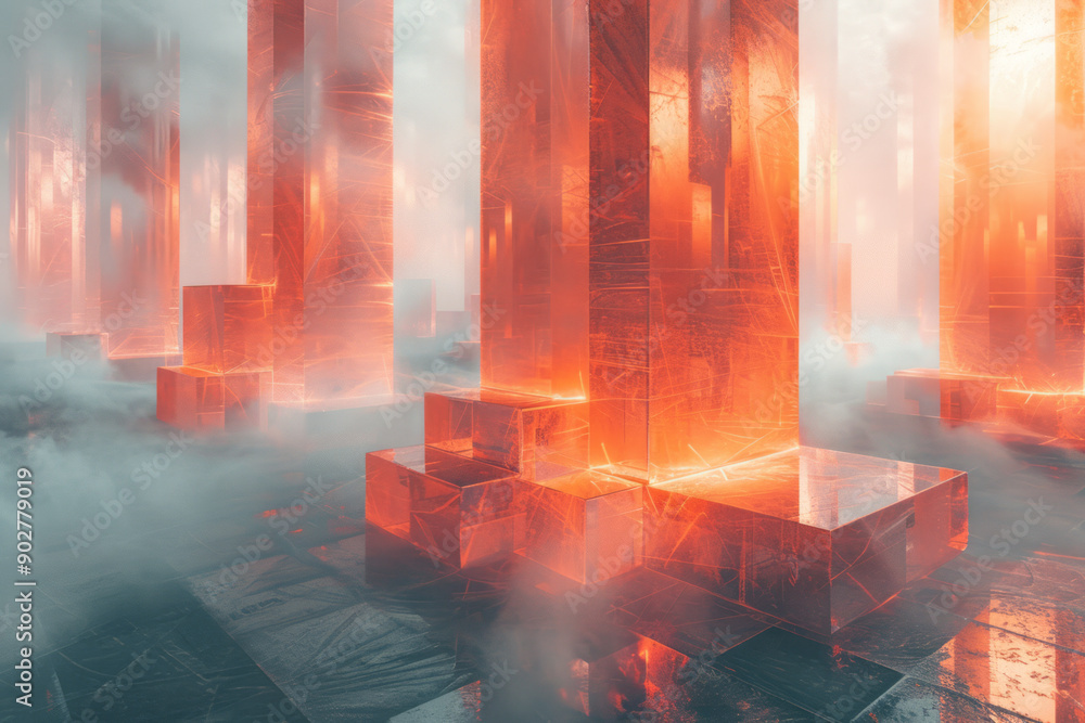 Aufkleber modern geometric design with perspex shapes, illuminated by light leaks and surrounded by fog and bo