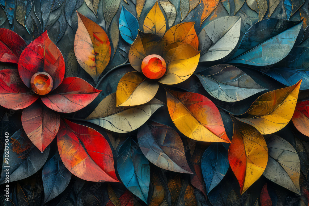 Poster minimalist representation of overlapping geometric and floral shapes with a retro color palette and 