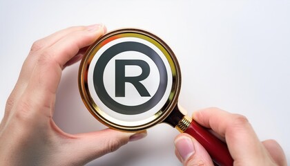 Register Trademark Copyright Symbol. A magnifying glass focuses on a registered trademark symbol on a white background, illustrating the concept of trademark registration and intellectual property.