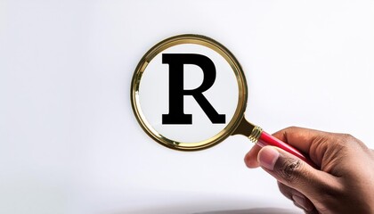Register Trademark Copyright Symbol. A magnifying glass focuses on a registered trademark symbol on a white background, illustrating the concept of trademark registration and intellectual property.