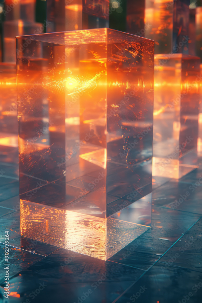 Poster elegant composition of geometric forms with chromatic aberrations and light leaks, set against a syn
