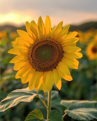 Obraz premium A vibrant sunflower in full bloom, showcasing its bright yellow petals against a beautiful sunset backdrop in a serene field.