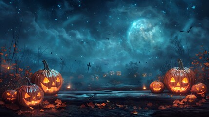 Fototapeta premium Spooky Night With Glowing Jack-o'-Lanterns in a Dark Cemetery Under a Full Moon