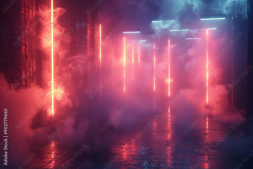 Poster dramatic scene with fog and light leaks, creating a mystical atmosphere around vibrant synthwave ele
