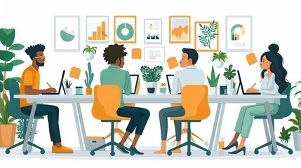 Business team working together, brainstorming, discussing ideas for project. People meeting at desk in office. illustration for co-working, teamwork, workspace concept, flat illustration