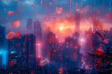 Elegant view of a smoky cityscape with light leaks and lens aberrations, creating a cinematic synthwave aesthetic,