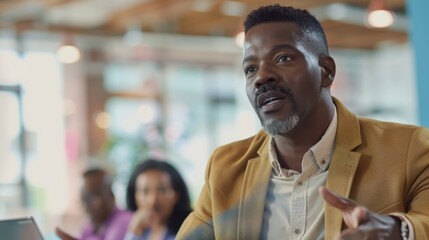 Obraz premium Confident African American Man Speaking at Business Meeting
