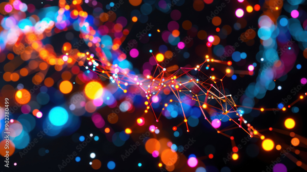 Poster abstract colorful bokeh with glowing lines and dots on a dark background, representing connectivity 