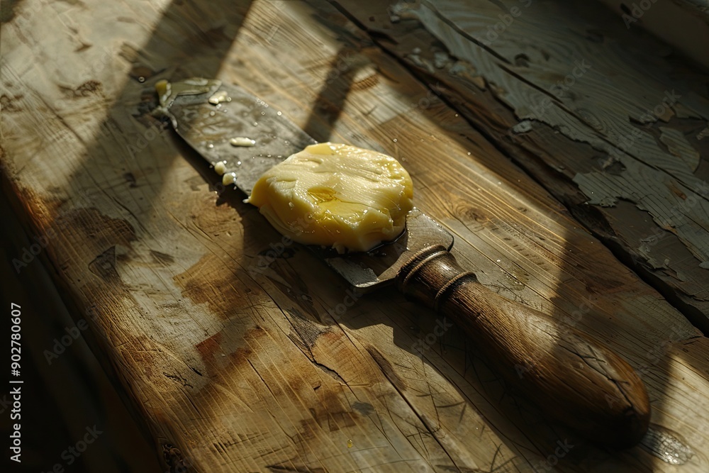Poster a butter knife is on a wooden table with a piece of butter on it. the scene is simple and unpretenti