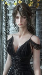 Fototapeta premium A stunning model showcases her cosplay talent amidst a vibrant backdrop