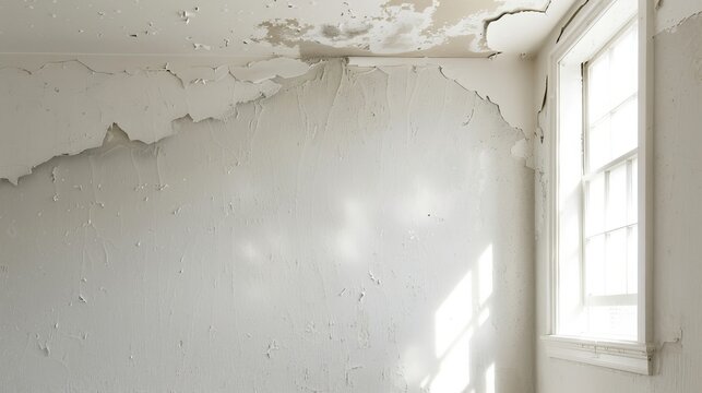 A neglected room with extensive ceiling seepage, peeling plaster, and dark mildew spots, emphasizing the extent of the damage and disrepair
