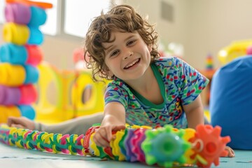 A child with scoliosis engagement in a playful therapy with colorful toy.