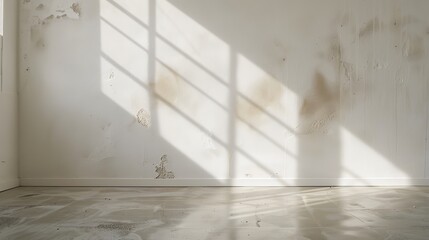 A room with visible moisture damage, water stains spreading from the ceiling down the walls, capturing the texture and color of the damp spots