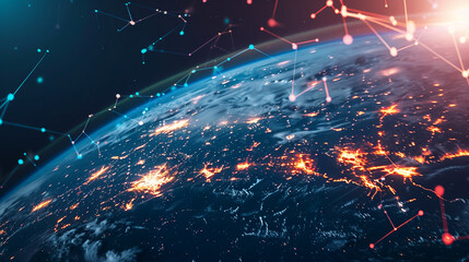 Obraz premium A computer generated image of a planet with a network of lines connecting cities. The image has a futuristic and technological feel to it