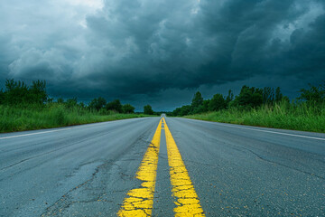 a deserted road with a yellow centerline stretching into the distance, flanked by greenery under a dark, ominous sky filled with heavy storm clouds
