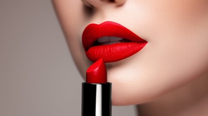 Naklejka premium A woman is holding a red lipstick. The lipstick is a shade of red that is bold and vibrant. The woman's lips are full and plump, and the lipstick adds to the overall look of confidence and beauty